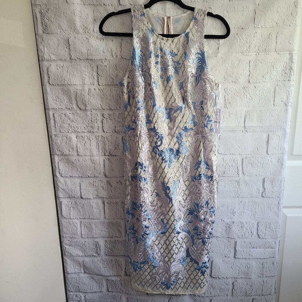 White House Black Market Nicole Miller Sky Blue Embroidered Floral Dress NWT 4
